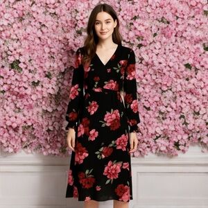 Lulus Pink Black Floral Long Sleeve Low Cut Ruffle Wrap Midi Dress Size Small